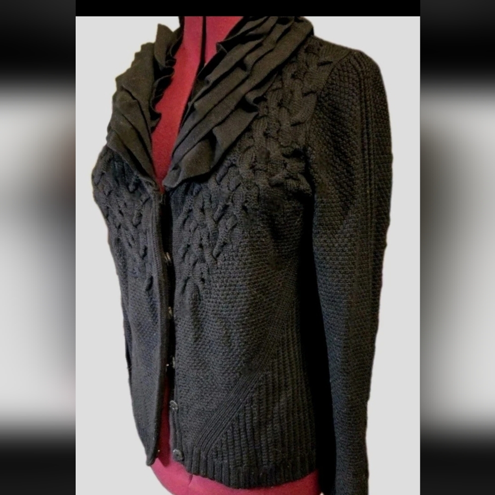 Elie Tahari Black Cable Knit Cardigan Sweater Ruffled Collar Fitted Warm